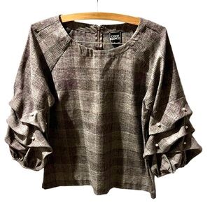 Coco Bianco Gray Plaid Blouse Top With Pearls on Ruffle Sleeves Size Large